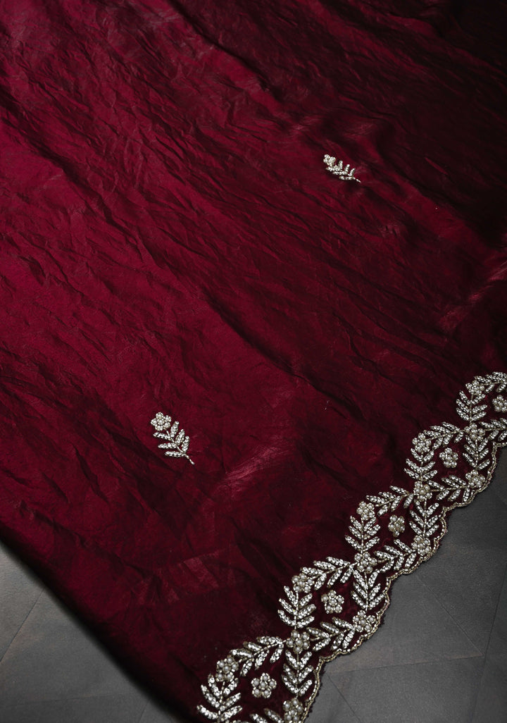 Maroon Shimmer Georgette Saree with Cutdana, Stone Work and moti work