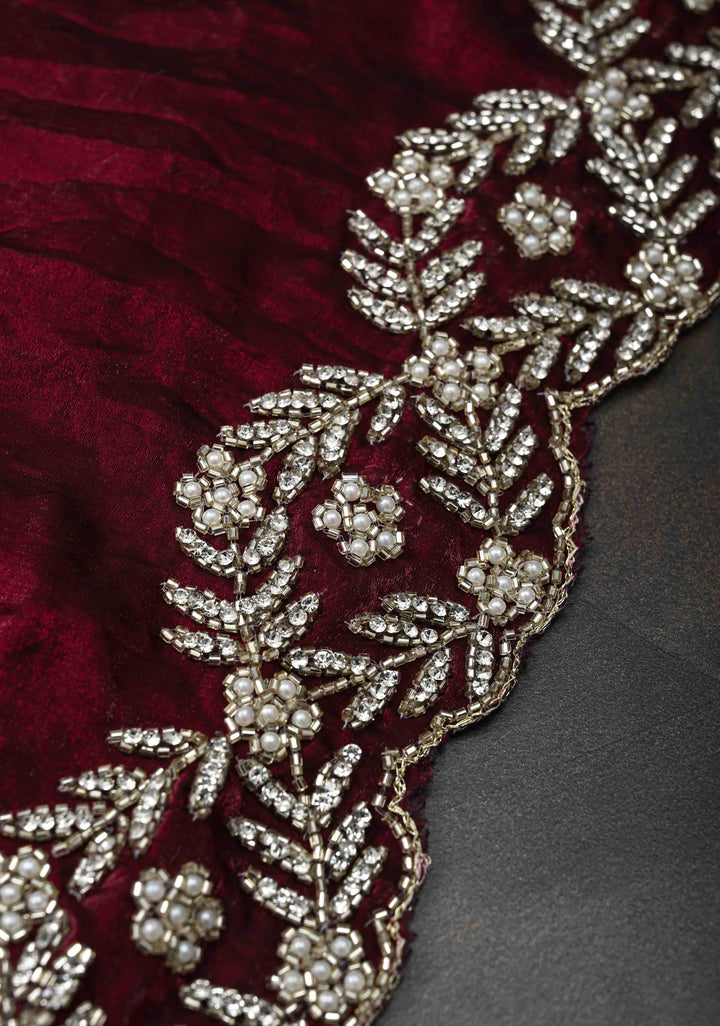 Maroon Shimmer Georgette Saree with Cutdana, Stone Work and moti work