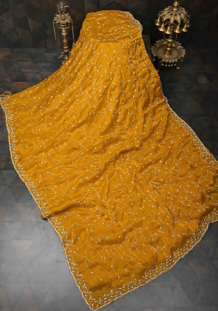 Mustard Yellow satin georgette saree with Jaal Cutdana, Stone Work