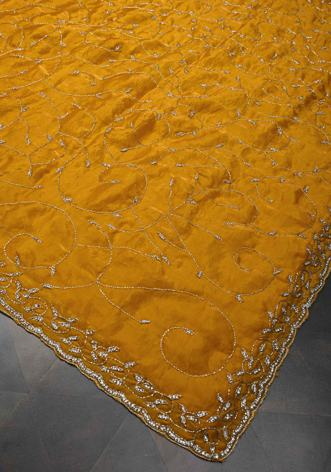 Mustard Yellow satin georgette saree with Jaal Cutdana, Stone Work
