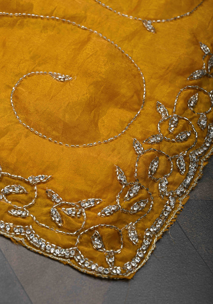 Mustard Yellow satin georgette saree with Jaal Cutdana, Stone Work