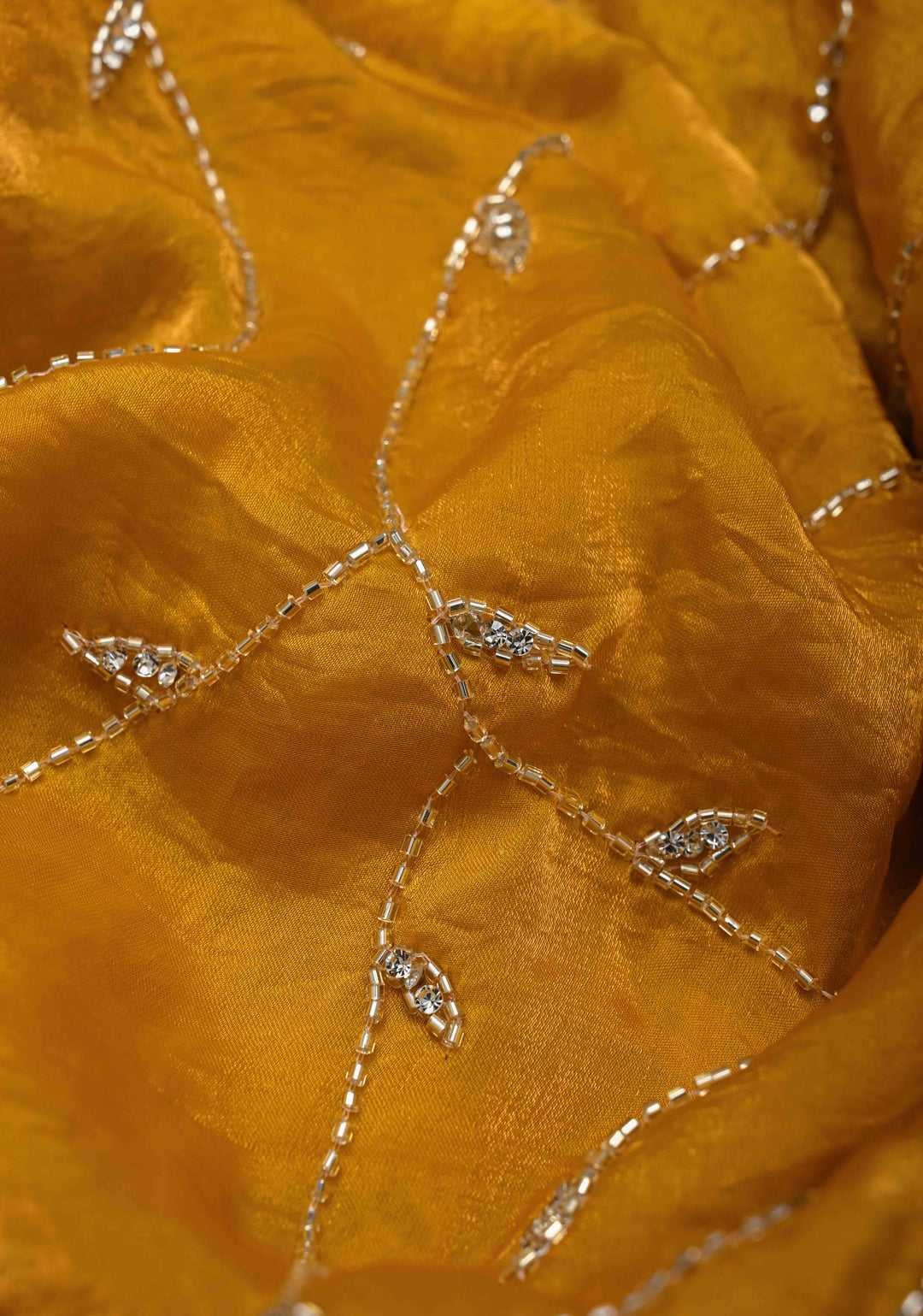 Mustard Yellow satin georgette saree with Jaal Cutdana, Stone Work