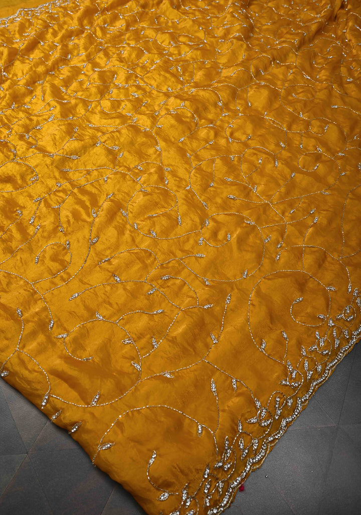 Mustard Yellow satin georgette saree with Jaal Cutdana, Stone Work