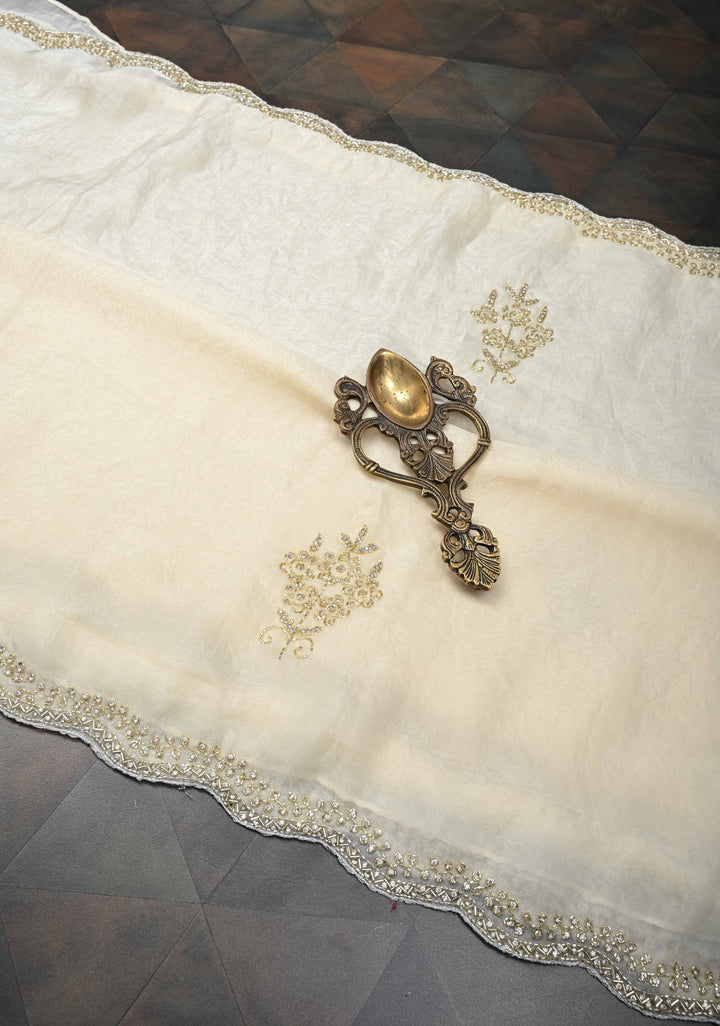 Ivory Shimmer Georgette Saree with Cutdana and  Stone Work embellishments