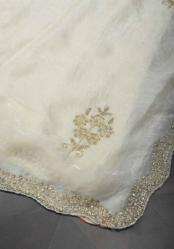 Ivory Shimmer Georgette Saree with Cutdana and  Stone Work embellishments