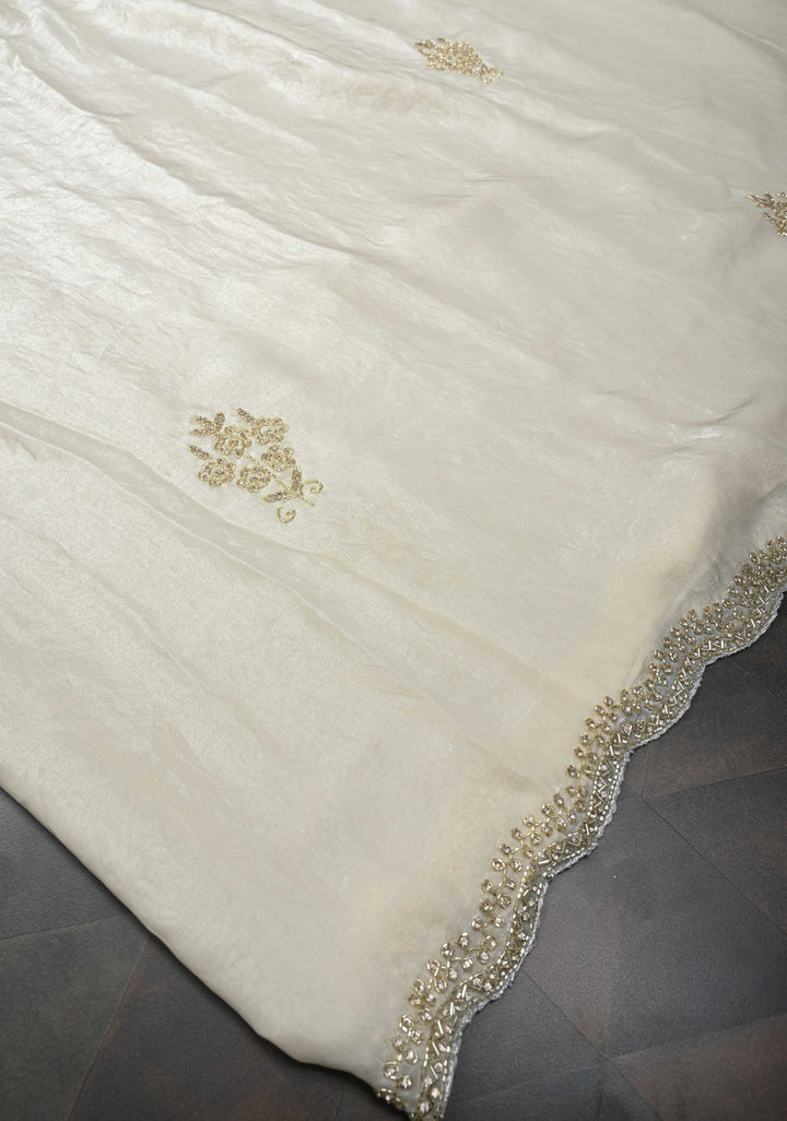 Ivory Shimmer Georgette Saree with Cutdana and  Stone Work embellishments