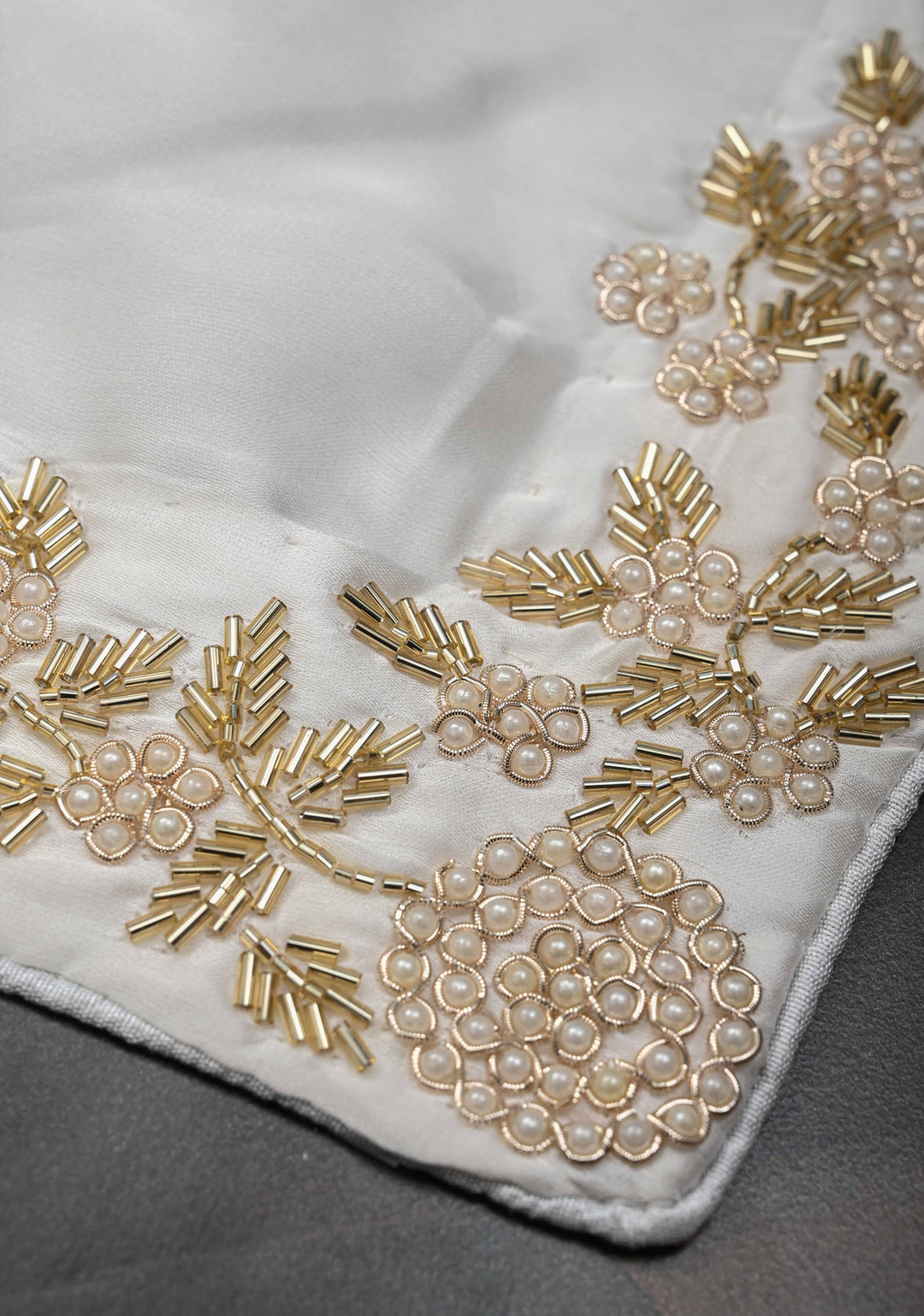 Ivory satin georgette Saree with sequins and Moti work Buttas and Boder