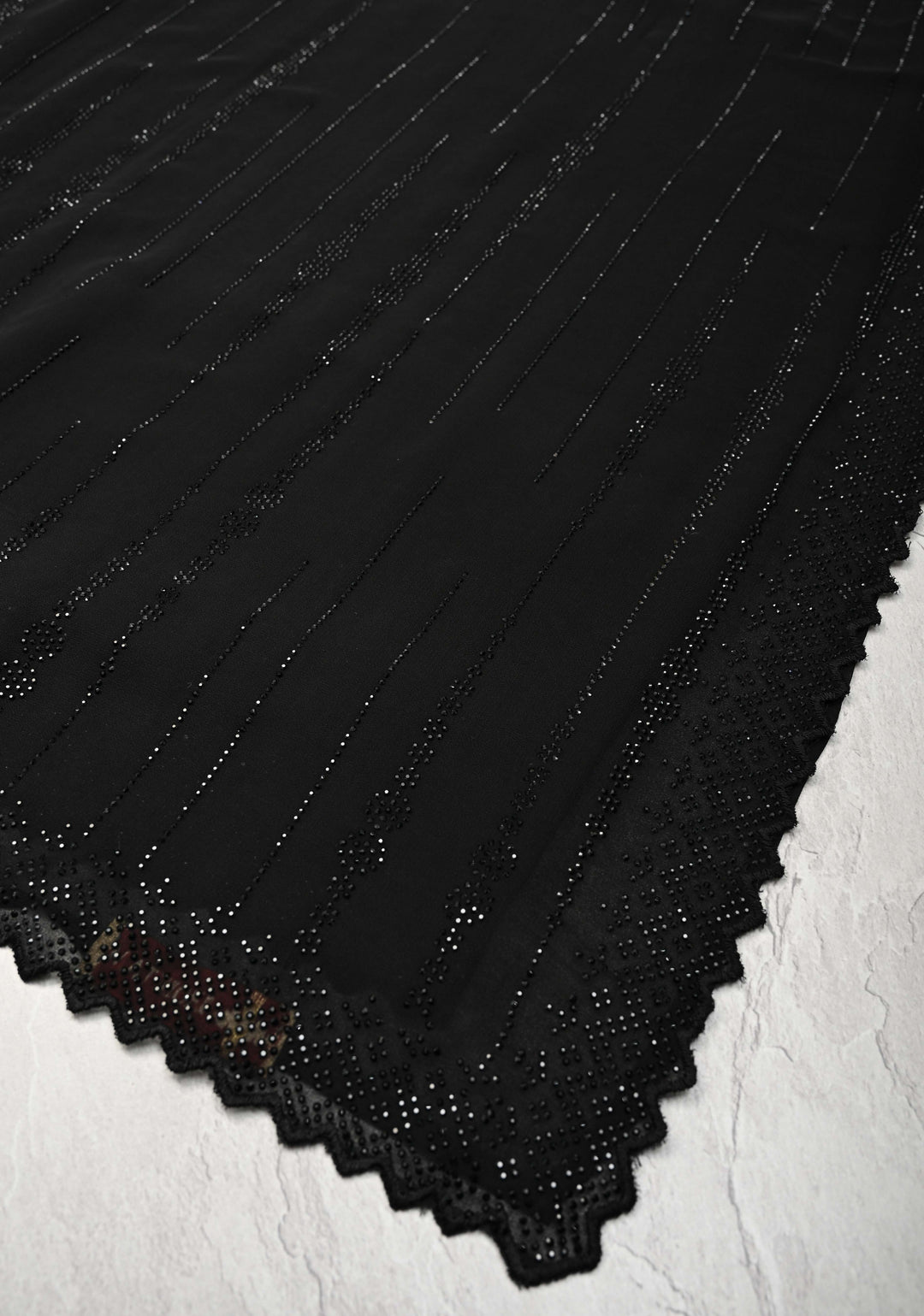 Black Tone on Tone Powder Stones Work on Georgette Saree with Floral Stripes and Scallop Border