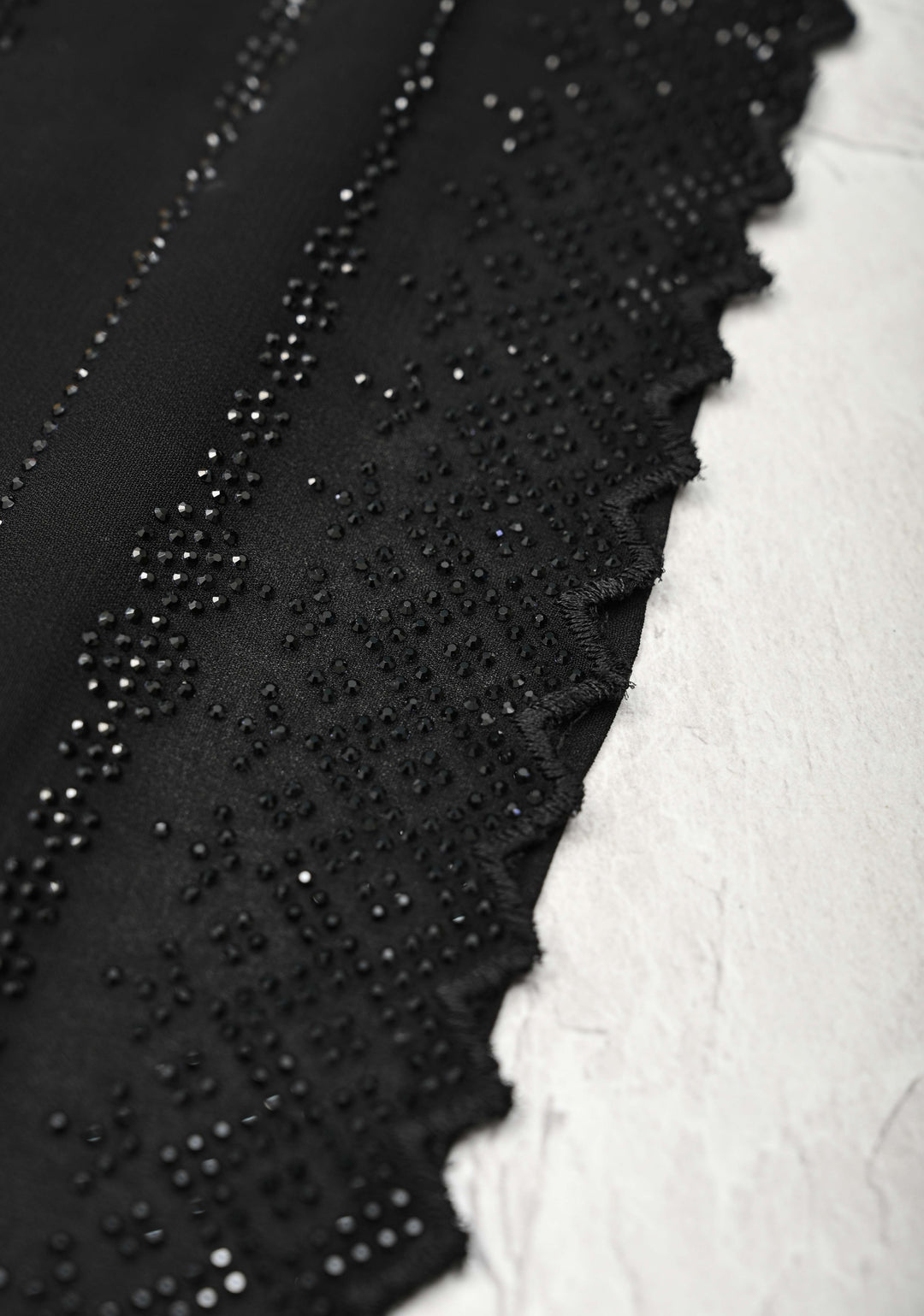 Black Tone on Tone Powder Stones Work on Georgette Saree with Floral Stripes and Scallop Border
