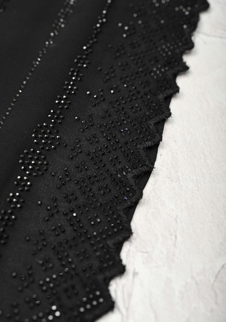 Black Tone on Tone Powder Stones Work on Georgette Saree with Floral Stripes and Scallop Border