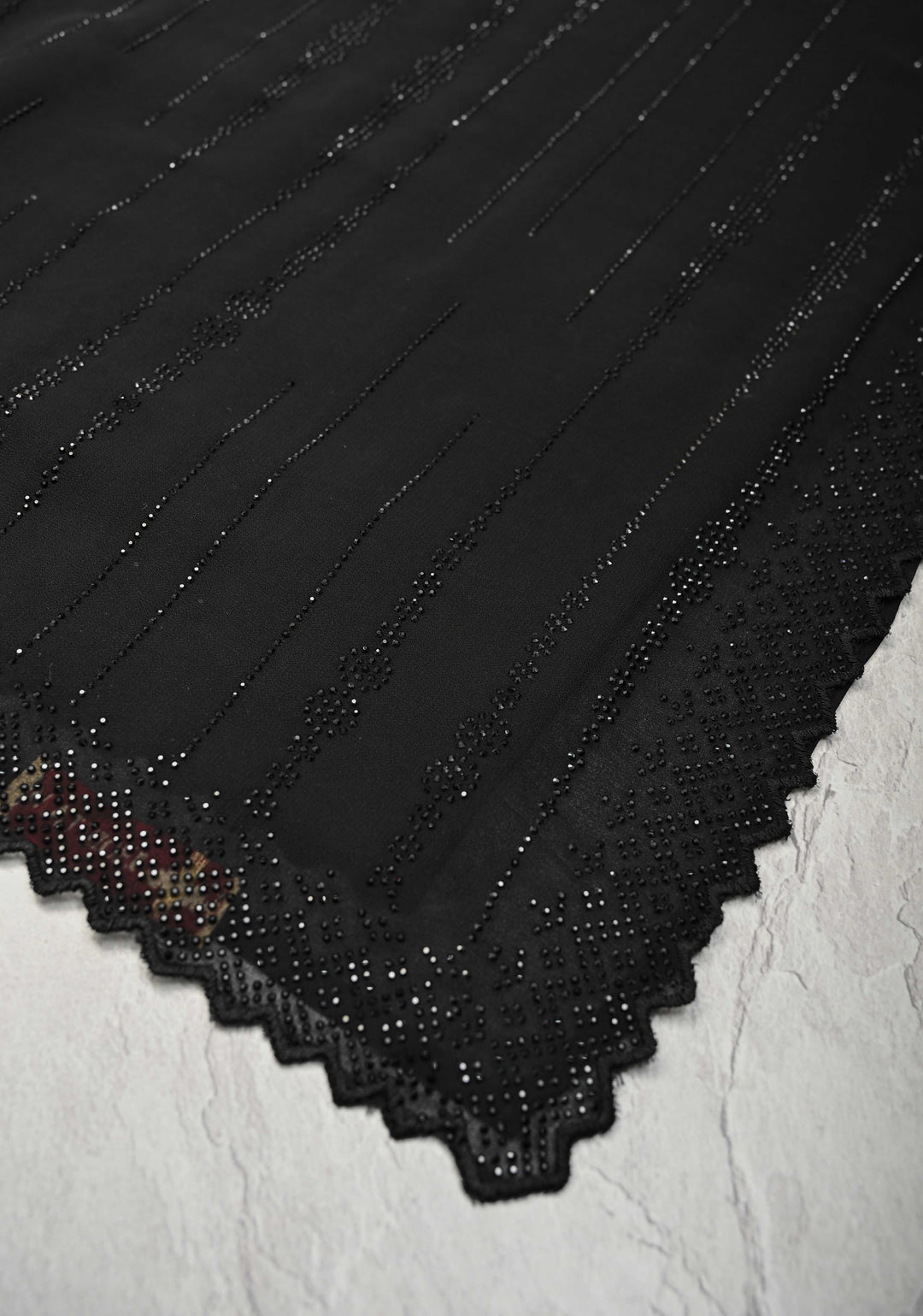 Black Tone on Tone Powder Stones Work on Georgette Saree with Floral Stripes and Scallop Border