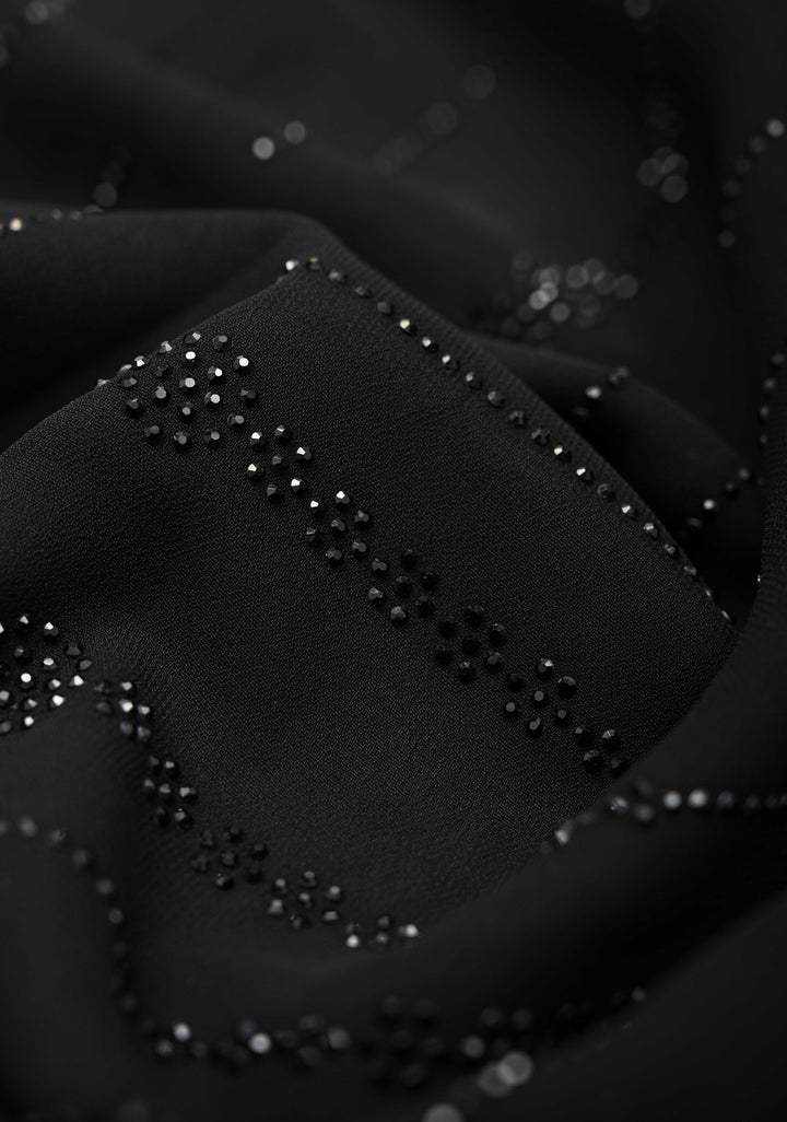 Black Tone on Tone Powder Stones Work on Georgette Saree with Floral Stripes and Scallop Border