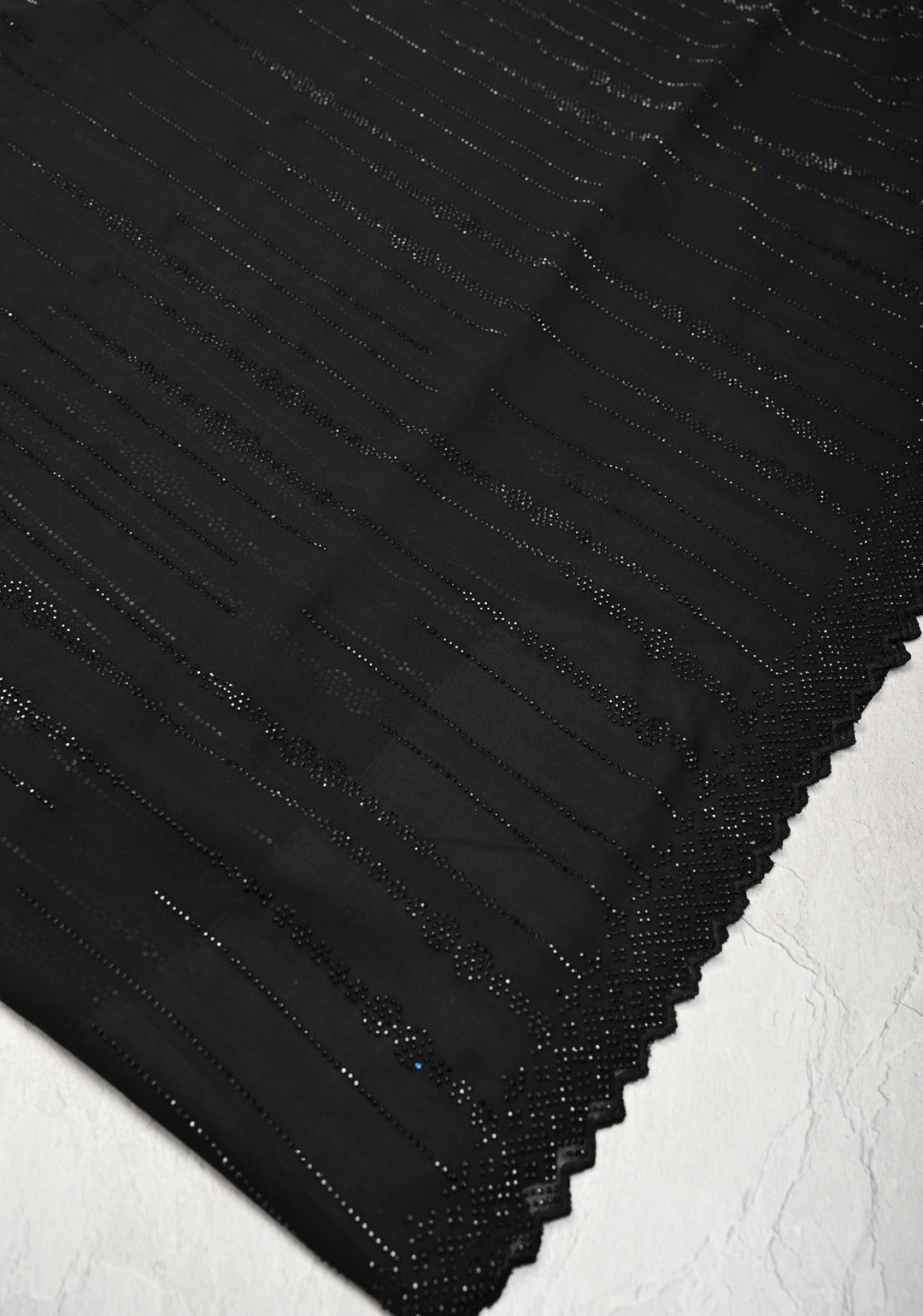 Black Tone on Tone Powder Stones Work on Georgette Saree with Floral Stripes and Scallop Border