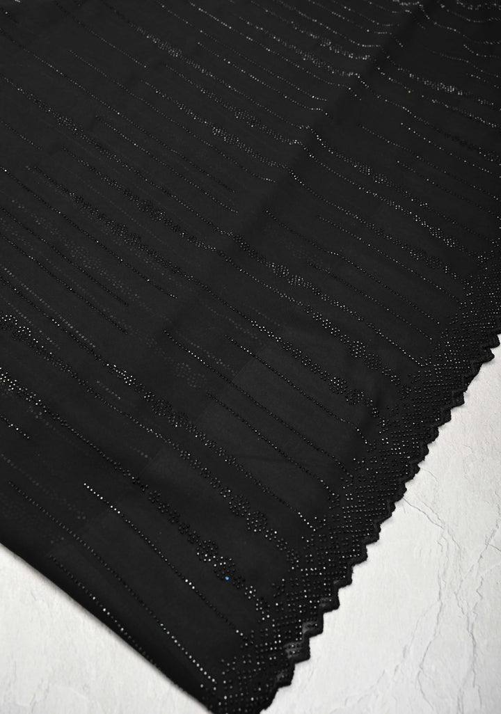 Black Tone on Tone Powder Stones Work on Georgette Saree with Floral Stripes and Scallop Border