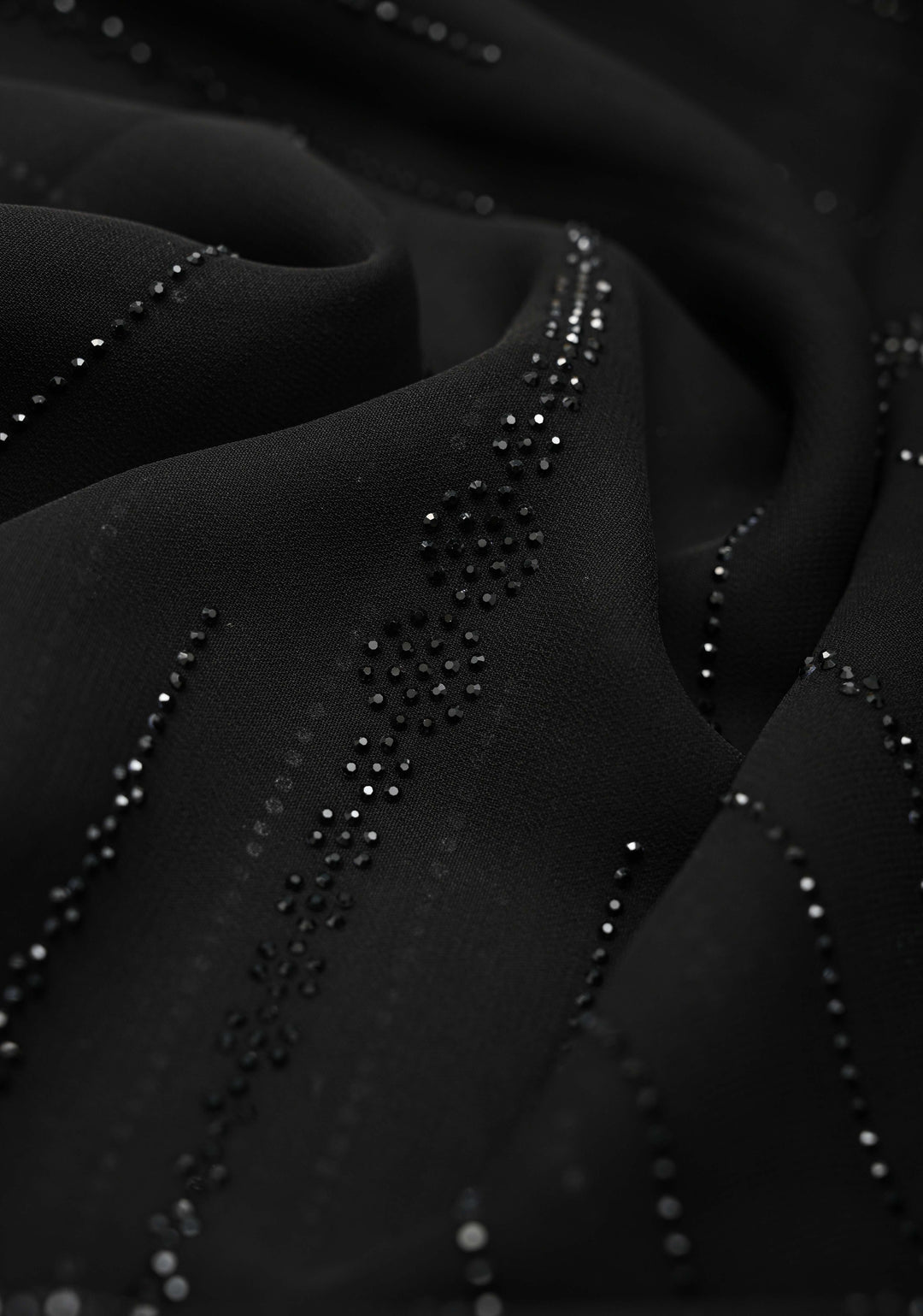 Black Tone on Tone Powder Stones Work on Georgette Saree with Floral Stripes and Scallop Border