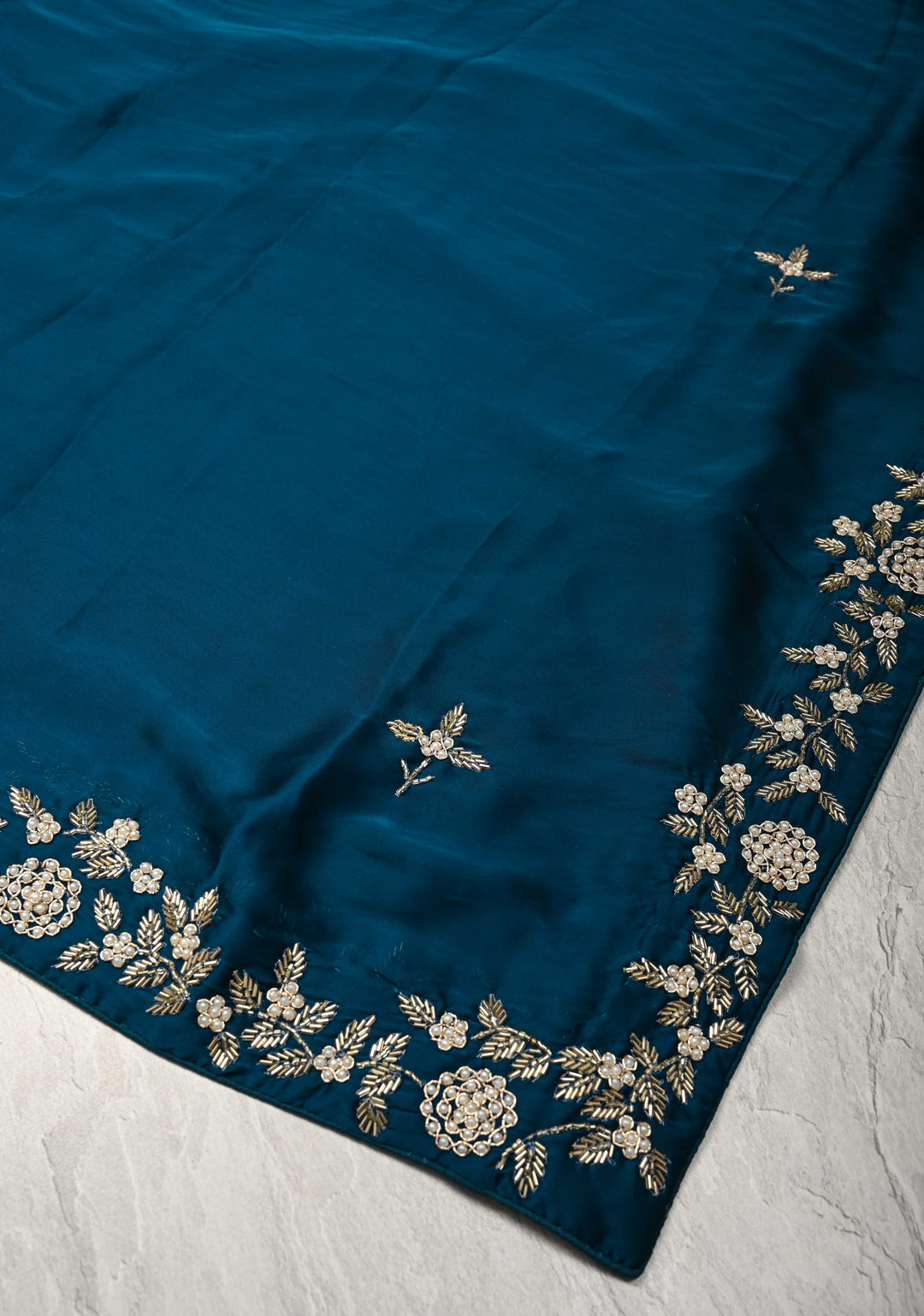 Prussian Blue Satin Georgette Saree with cutdana, moti and Zardosi Embellished