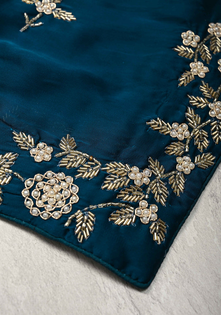 Prussian Blue Satin Georgette Saree with cutdana, moti and Zardosi Embellished