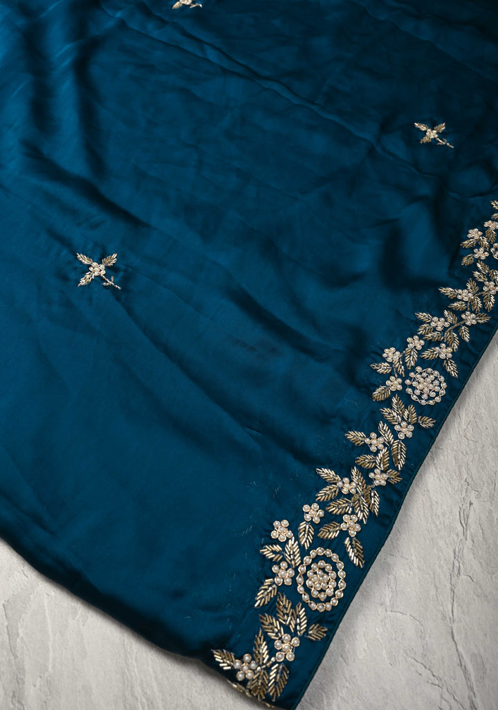 Prussian Blue Satin Georgette Saree with cutdana, moti and Zardosi Embellished