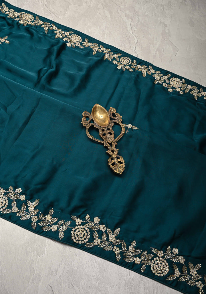 Dark Teal Satin Georgette saree  with cutdana, moti and Zardosi Embellished