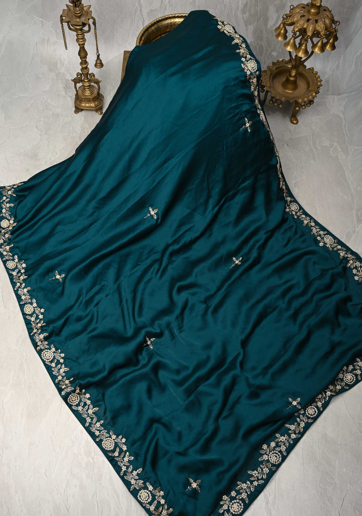 Dark Teal Satin Georgette saree  with cutdana, moti and Zardosi Embellished