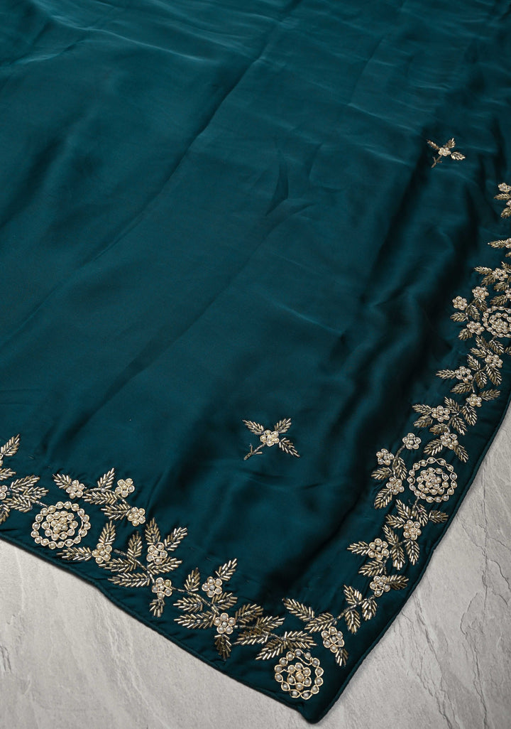 Dark Teal Satin Georgette saree  with cutdana, moti and Zardosi Embellished