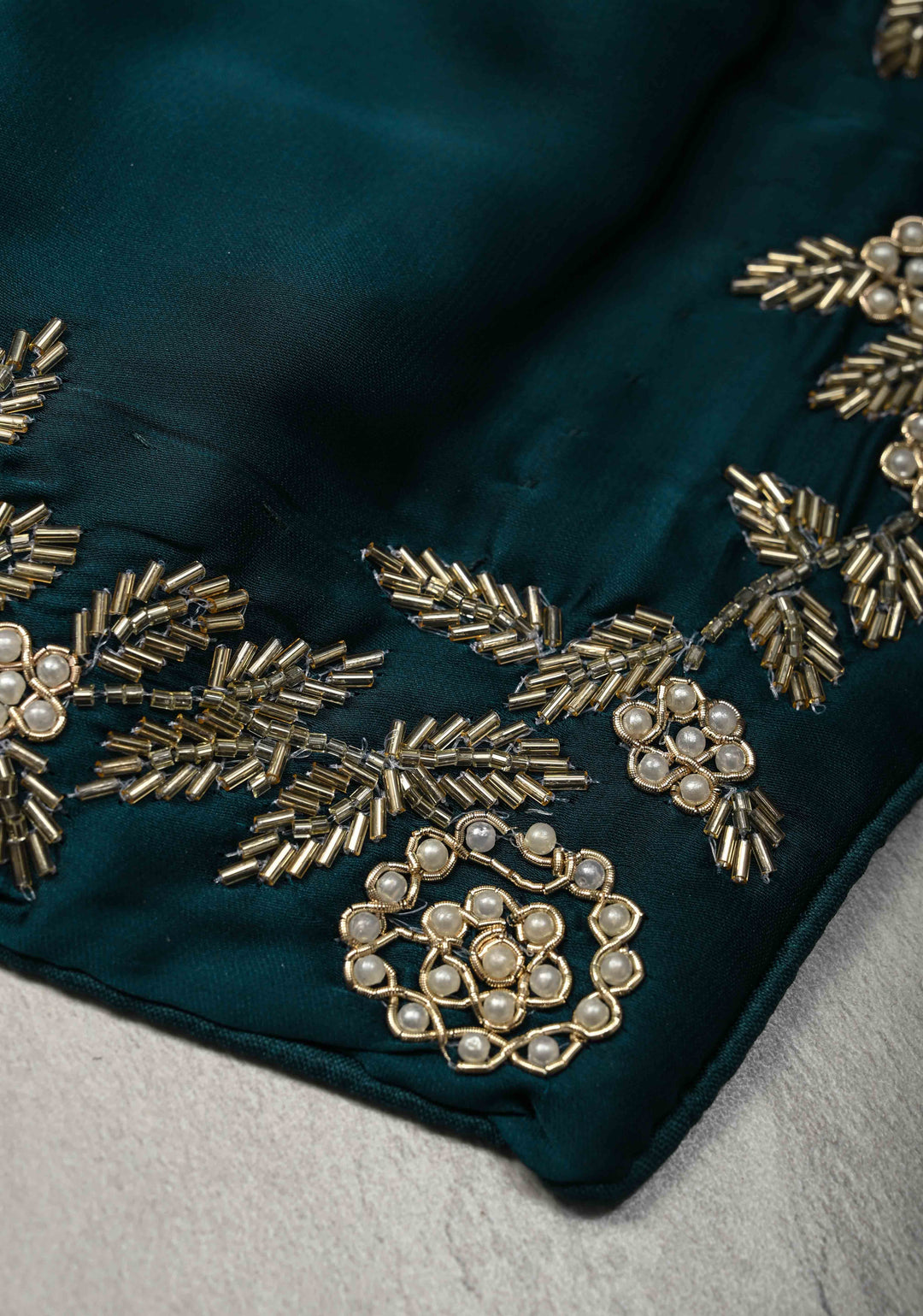 Dark Teal Satin Georgette saree  with cutdana, moti and Zardosi Embellished