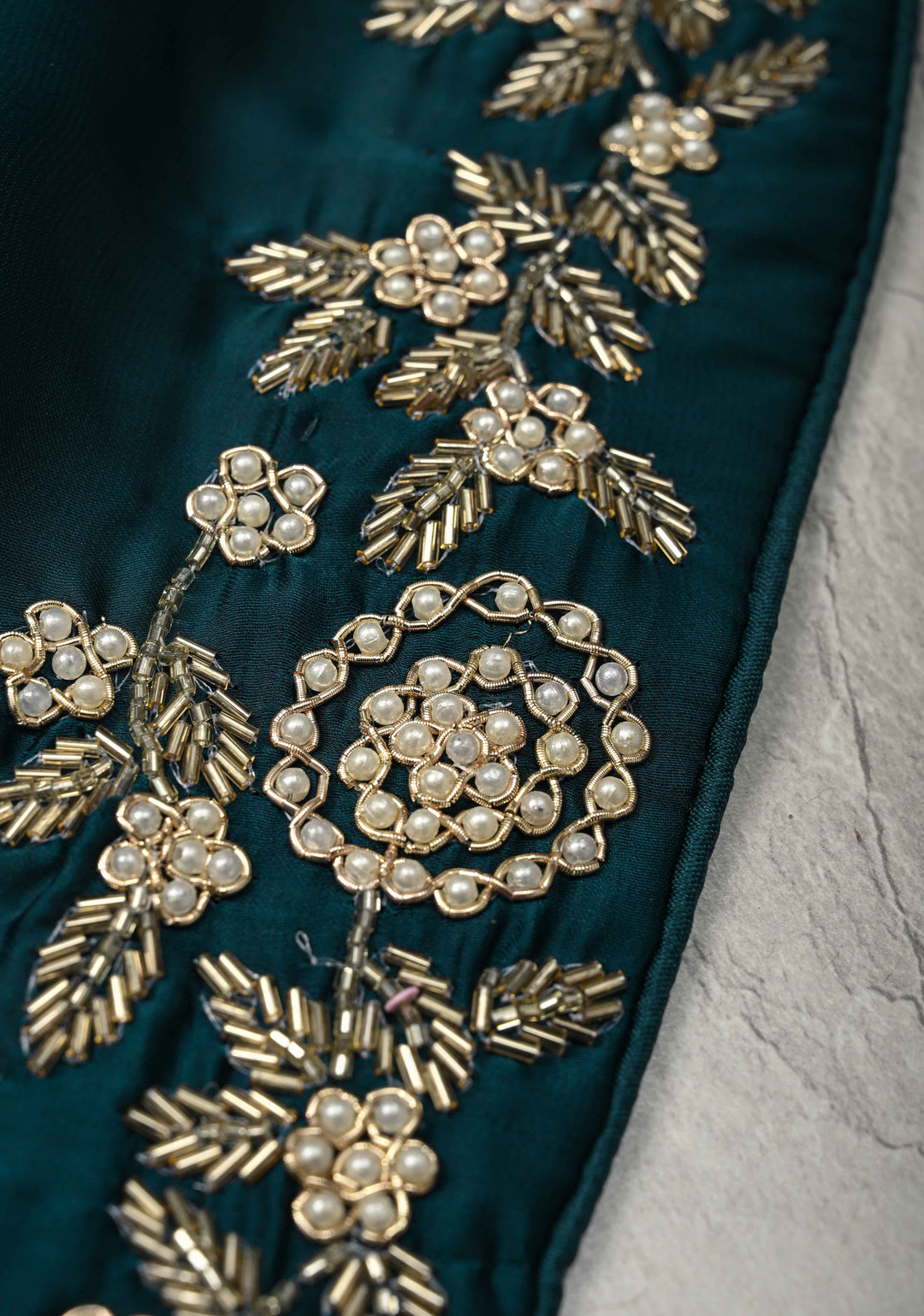 Dark Teal Satin Georgette saree  with cutdana, moti and Zardosi Embellished