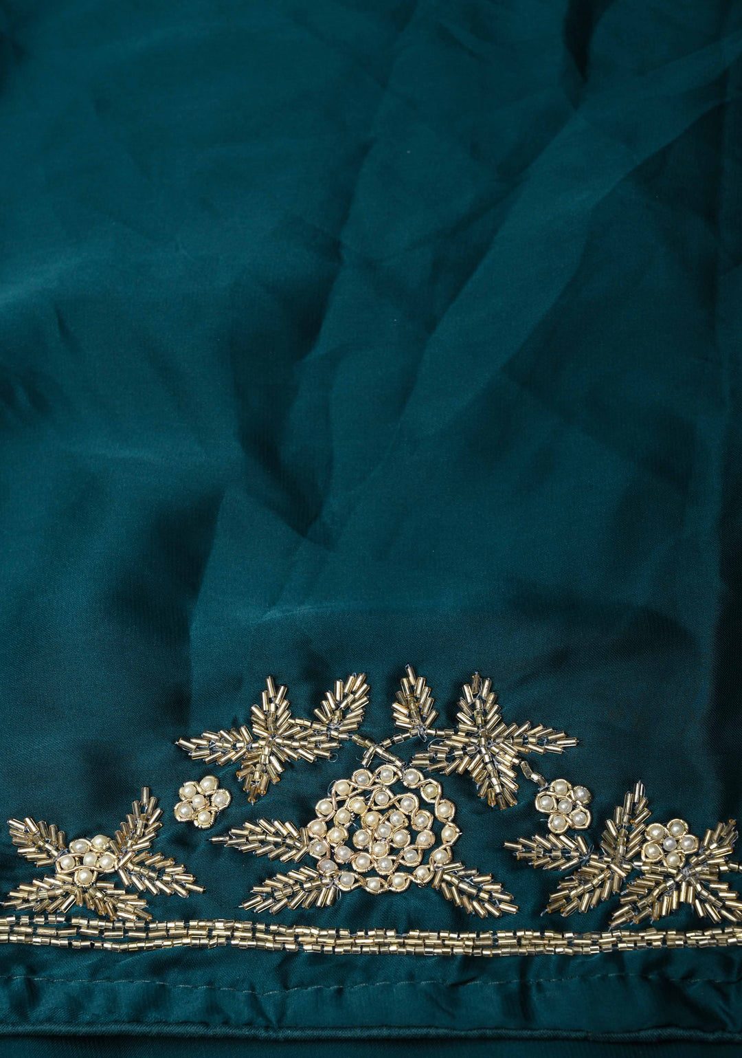 Dark Teal Satin Georgette saree  with cutdana, moti and Zardosi Embellished