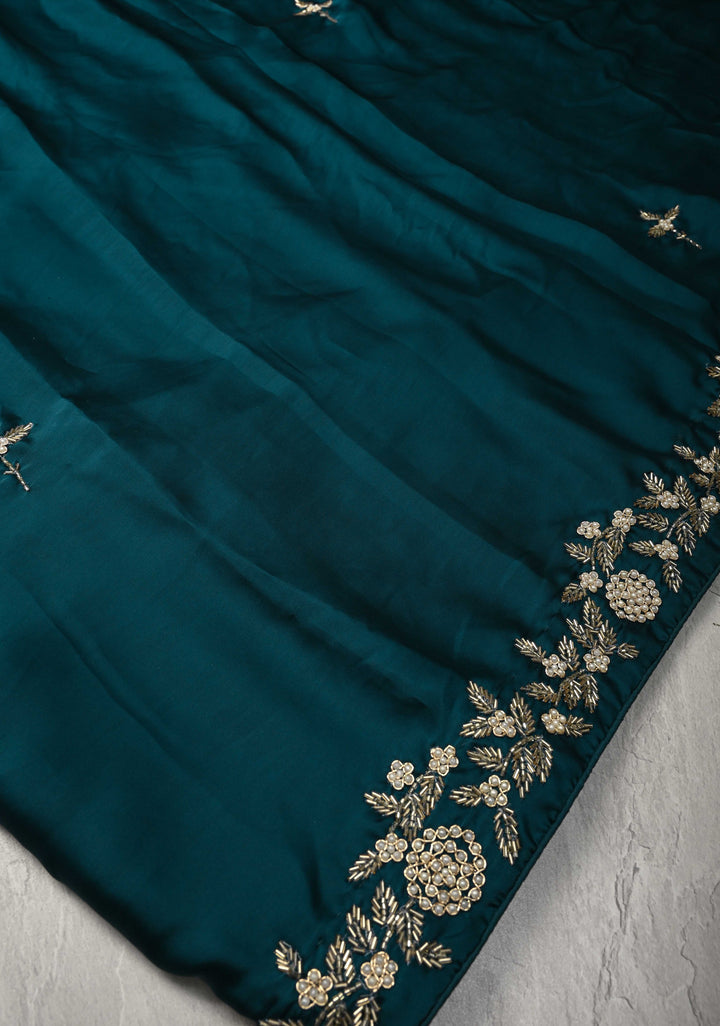 Dark Teal Satin Georgette saree  with cutdana, moti and Zardosi Embellished