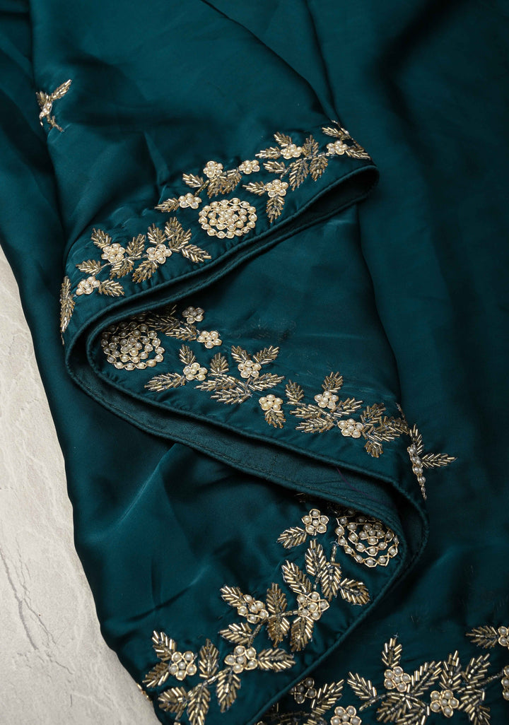 Dark Teal Satin Georgette saree  with cutdana, moti and Zardosi Embellished