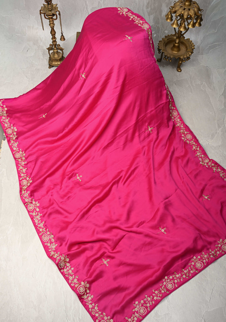 Fuchsia Satin Georgette saree with moti, cutdana and Zardozi embellishments