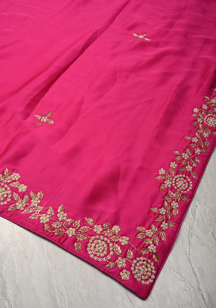 Fuchsia Satin Georgette saree with moti, cutdana and Zardozi embellishments