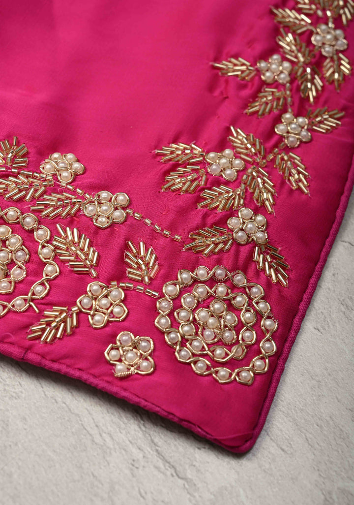 Fuchsia Satin Georgette saree with moti, cutdana and Zardozi embellishments