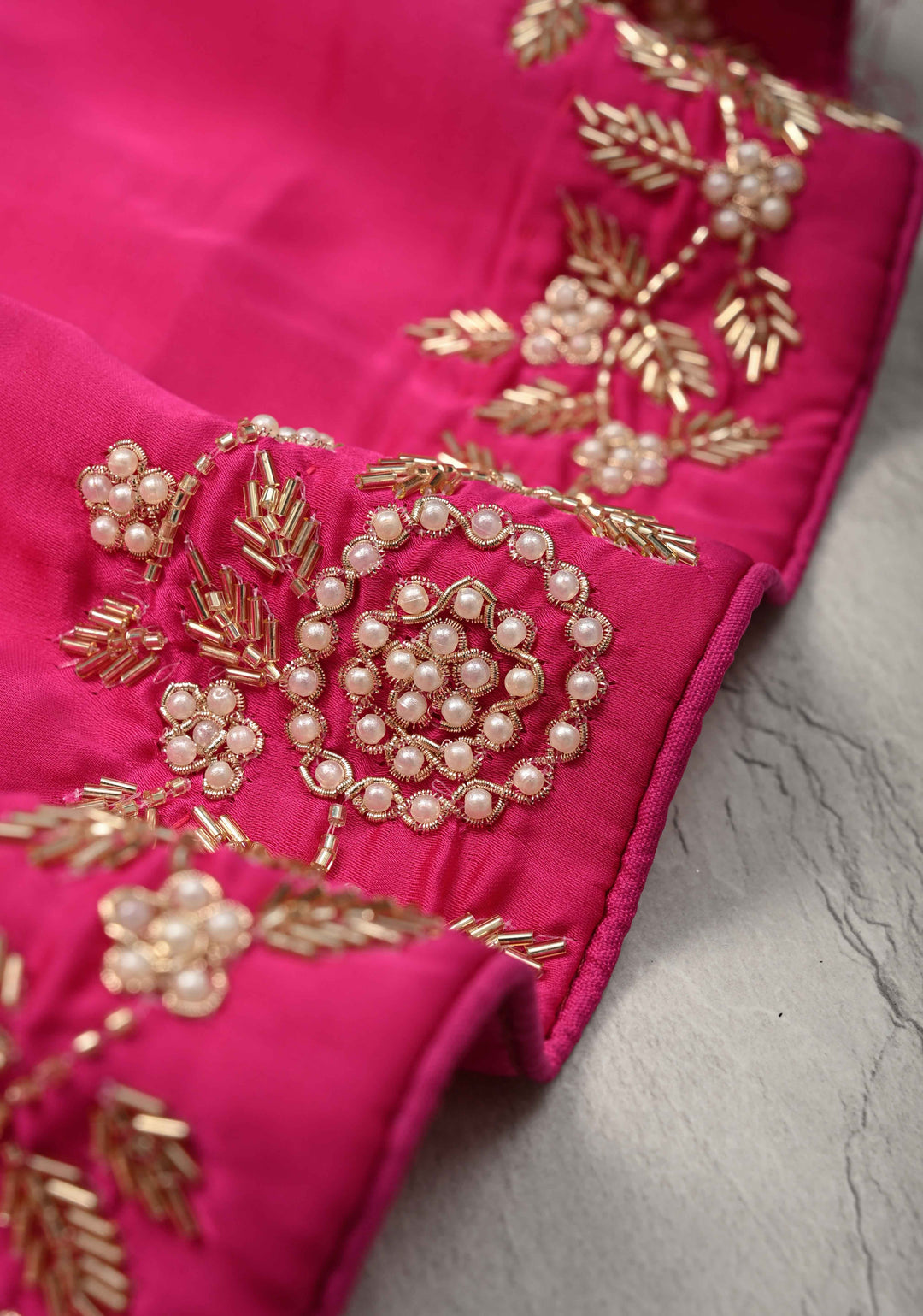 Fuchsia Satin Georgette saree with moti, cutdana and Zardozi embellishments
