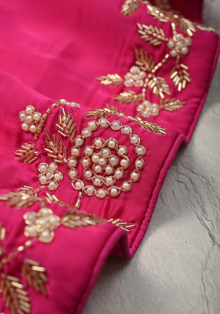 Fuchsia Satin Georgette saree with moti, cutdana and Zardozi embellishments