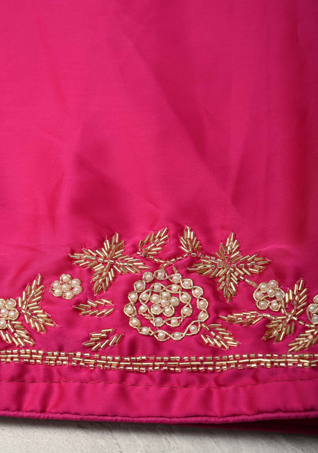 Fuchsia Satin Georgette saree with moti, cutdana and Zardozi embellishments