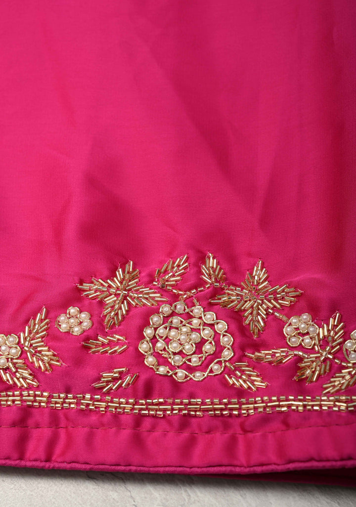 Fuchsia Satin Georgette saree with moti, cutdana and Zardozi embellishments