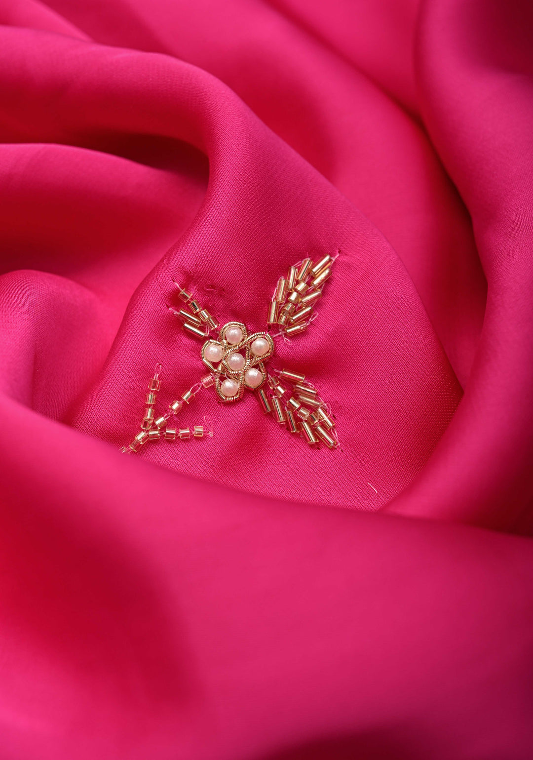 Fuchsia Satin Georgette saree with moti, cutdana and Zardozi embellishments