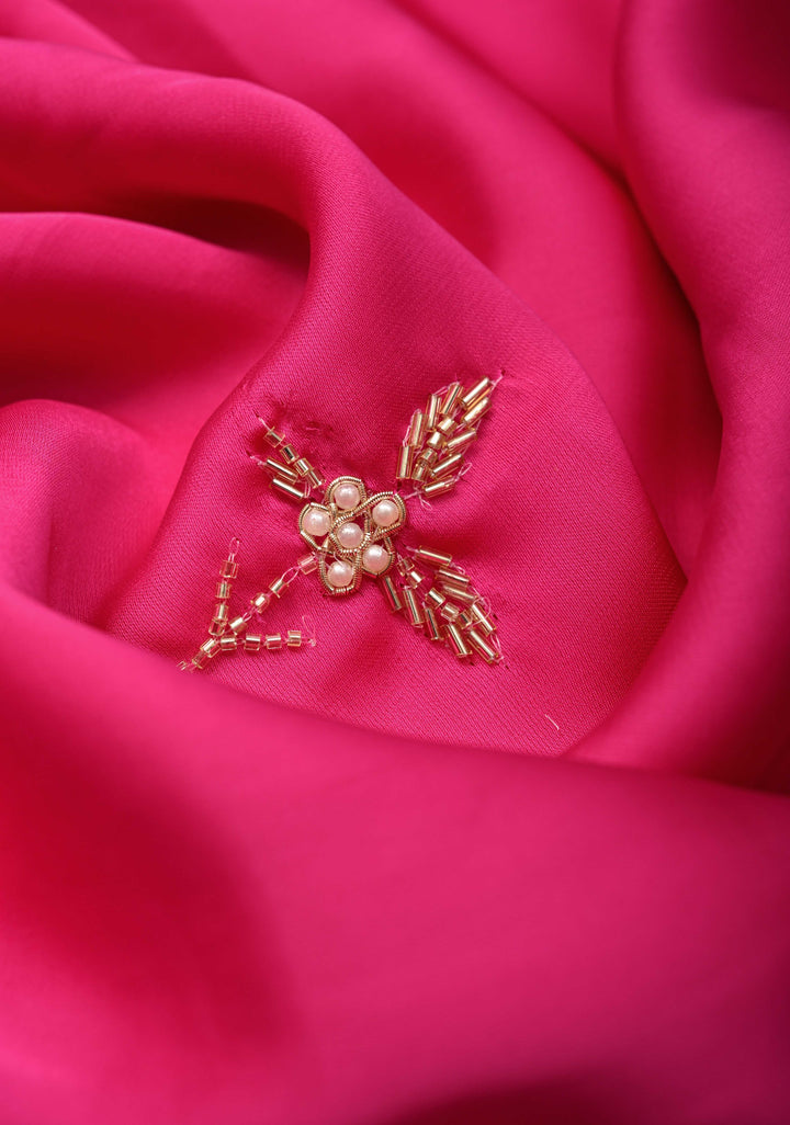 Fuchsia Satin Georgette saree with moti, cutdana and Zardozi embellishments