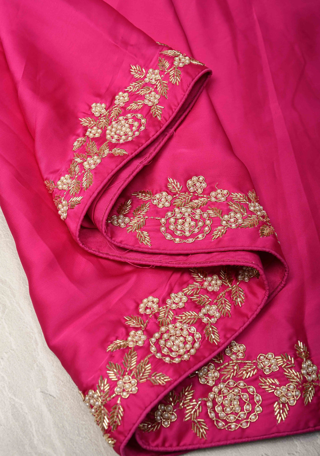 Fuchsia Satin Georgette saree with moti, cutdana and Zardozi embellishments