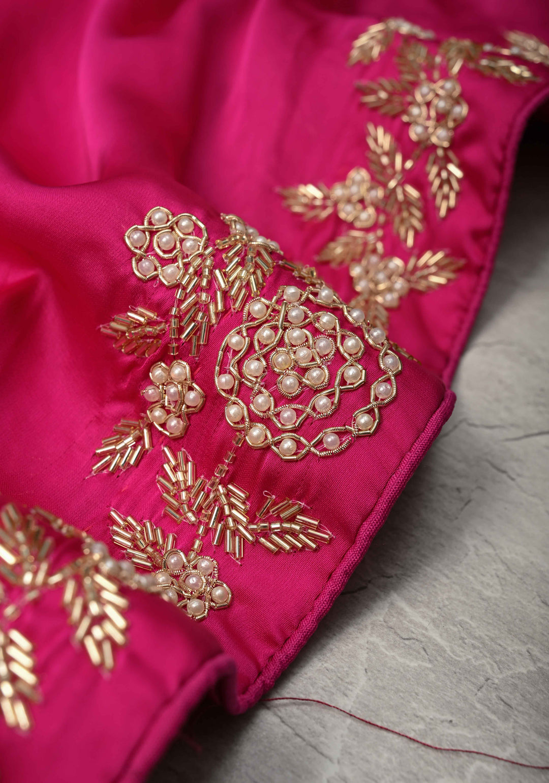 Fuchsia Satin Georgette saree with moti, cutdana and Zardozi embellishments
