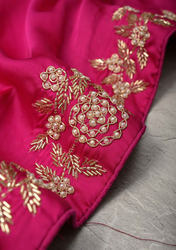 Fuchsia Satin Georgette saree with moti, cutdana and Zardozi embellishments