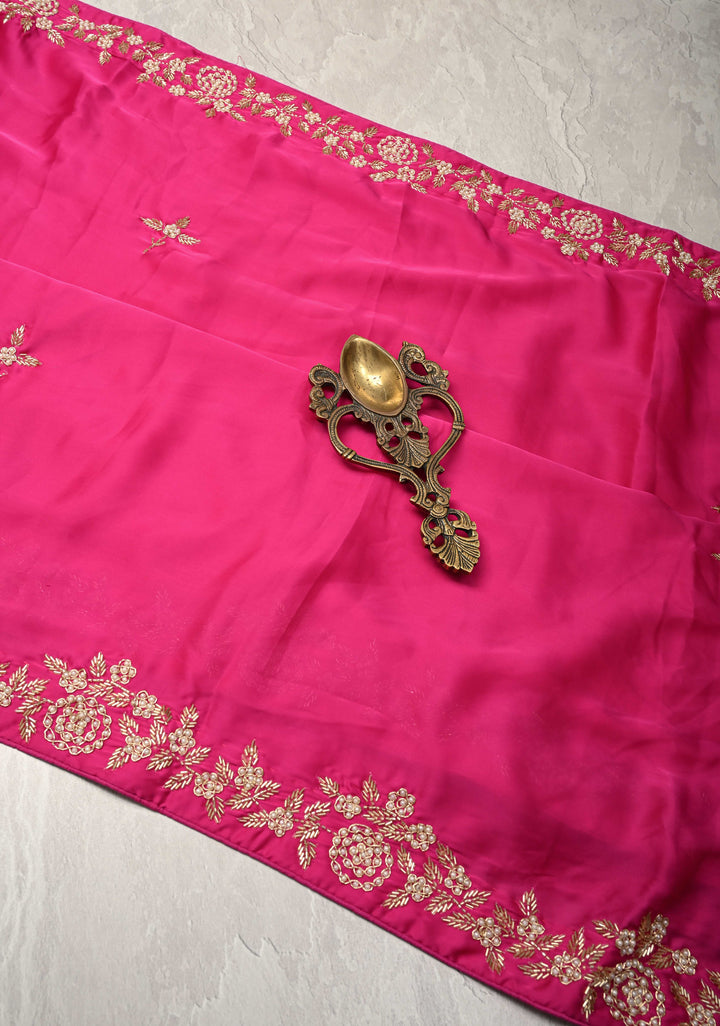 Fuchsia Satin Georgette saree with moti, cutdana and Zardozi embellishments