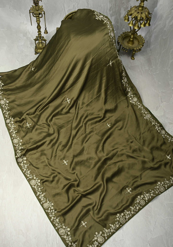 Olive Green Satin Georgette Saree with cutdana, moti Zardosi Embellished work on border