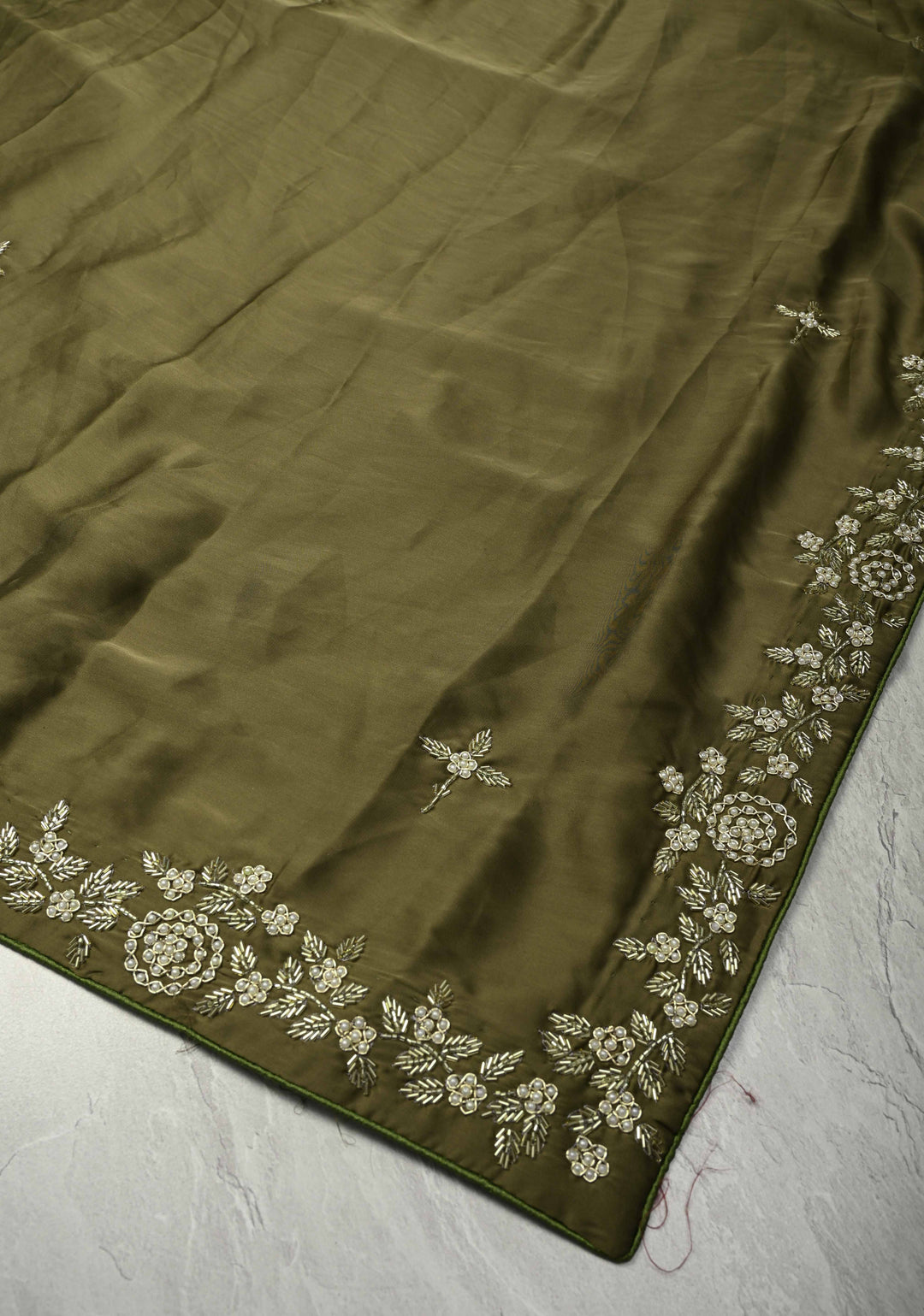Olive Green Satin Georgette Saree with cutdana, moti Zardosi Embellished work on border