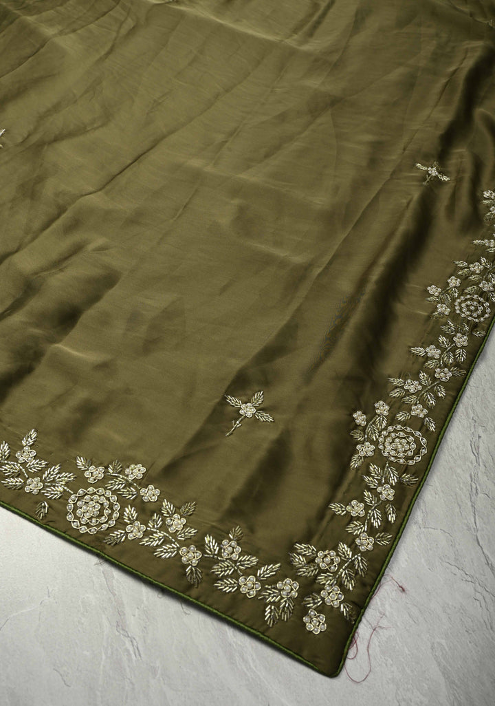Olive Green Satin Georgette Saree with cutdana, moti Zardosi Embellished work on border