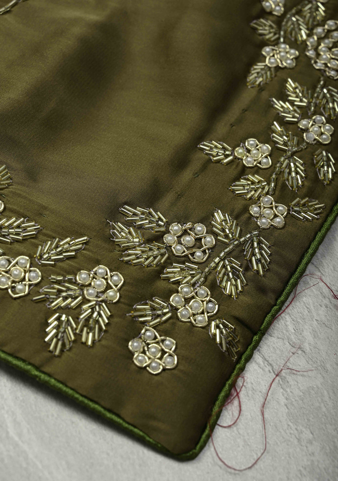 Olive Green Satin Georgette Saree with cutdana, moti Zardosi Embellished work on border