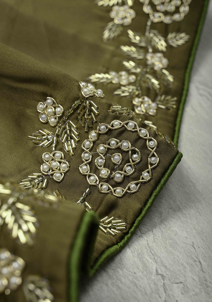 Olive Green Satin Georgette Saree with cutdana, moti Zardosi Embellished work on border