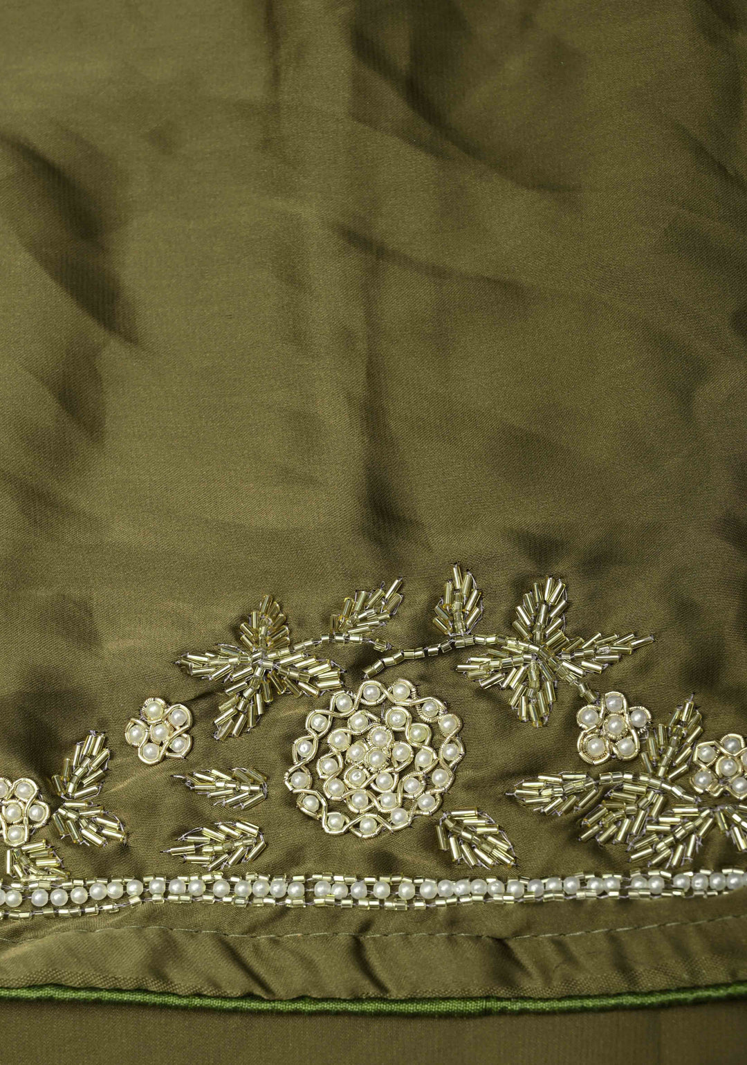 Olive Green Satin Georgette Saree with cutdana, moti Zardosi Embellished work on border