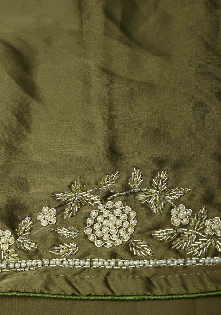 Olive Green Satin Georgette Saree with cutdana, moti Zardosi Embellished work on border